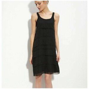 EILEEN FISHER Sheer Silk Georgette LARGE Tiered Layer Sleeveless Dress Black‎